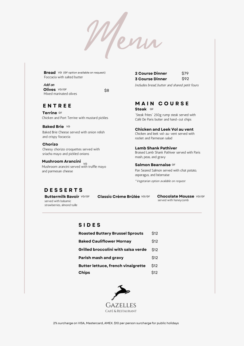 Menu, Gazelles Café and Restaurant