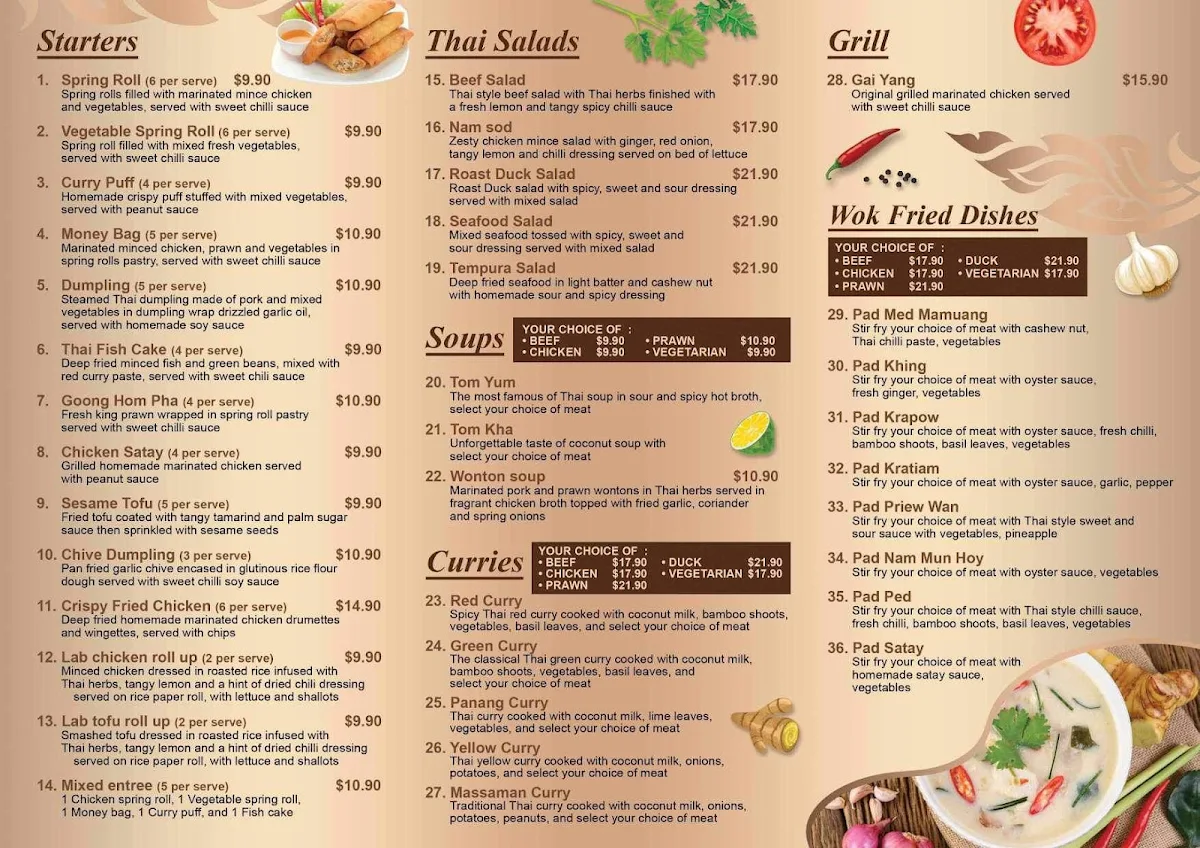 Menu, Tecoma Thai Restaurant