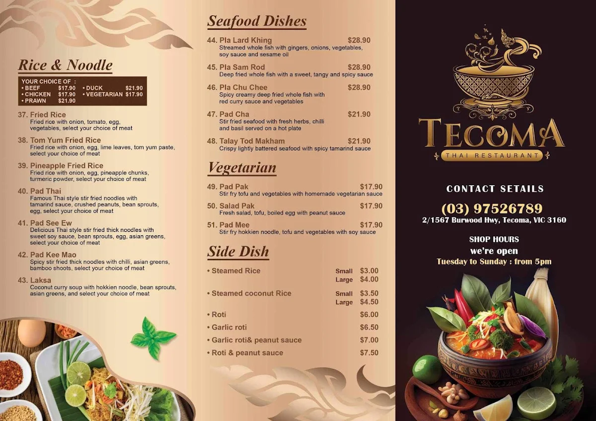 Menu, Tecoma Thai Restaurant