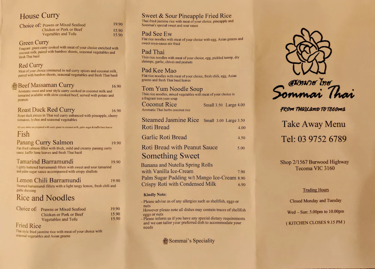 Menu, Tecoma Thai Restaurant