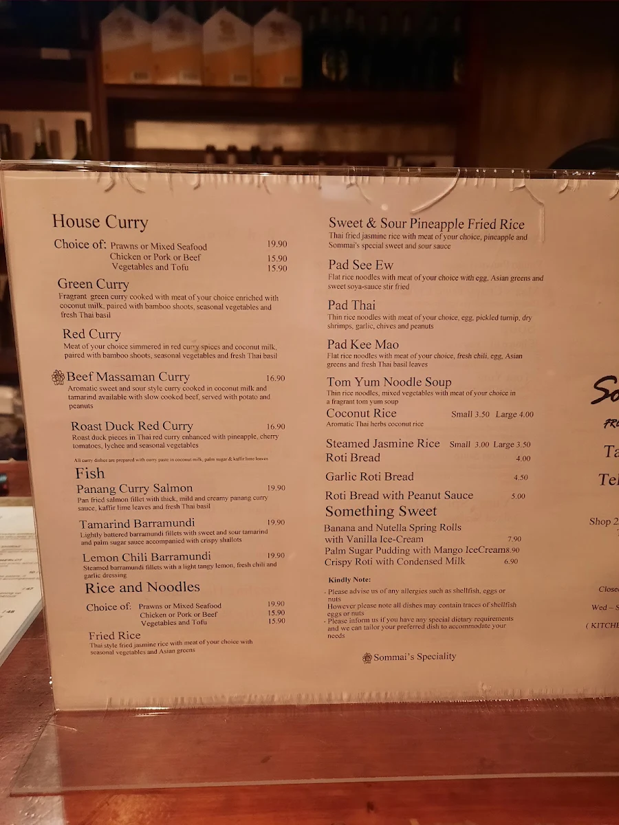 Menu, Tecoma Thai Restaurant