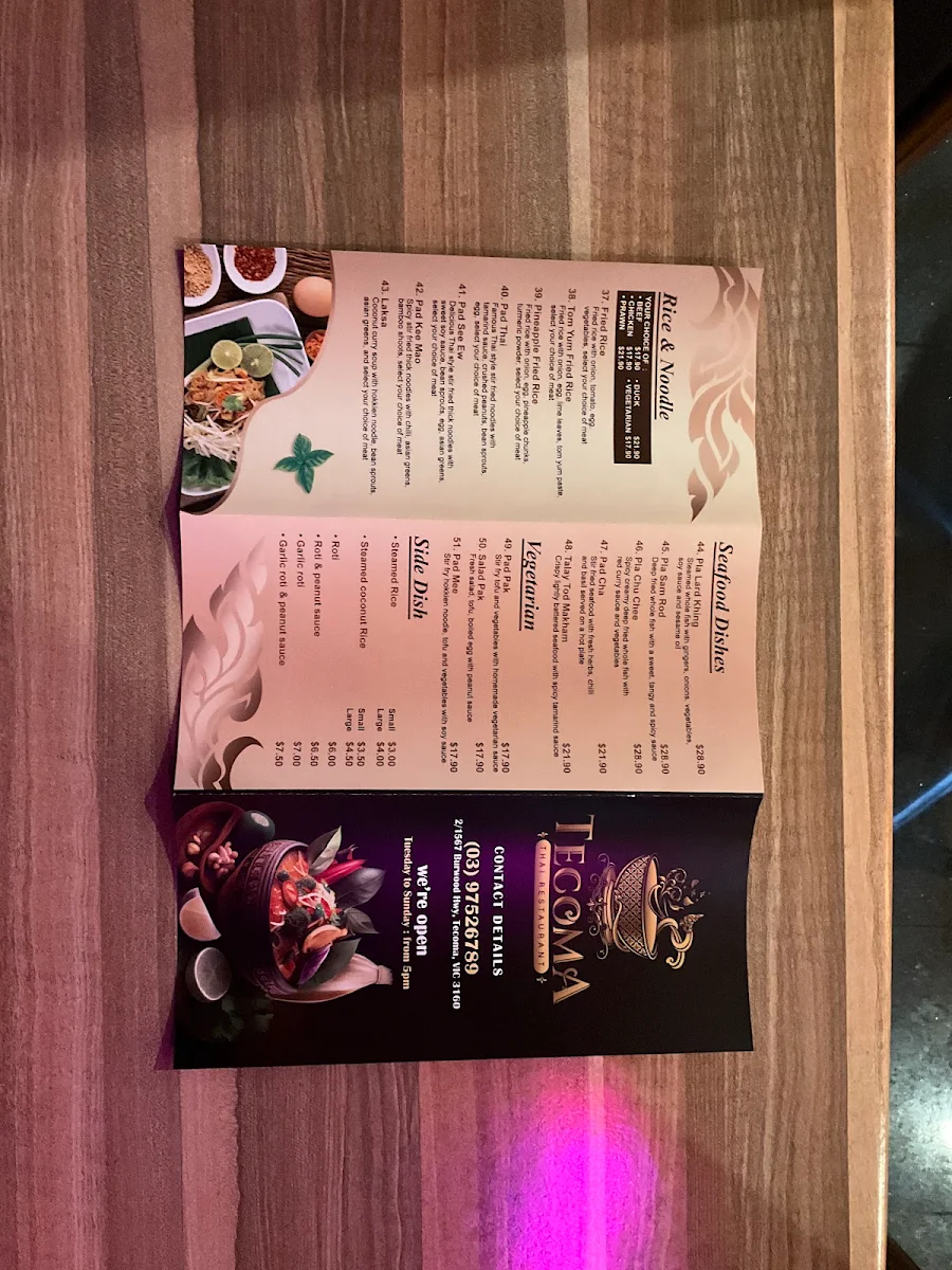 Menu, Tecoma Thai Restaurant