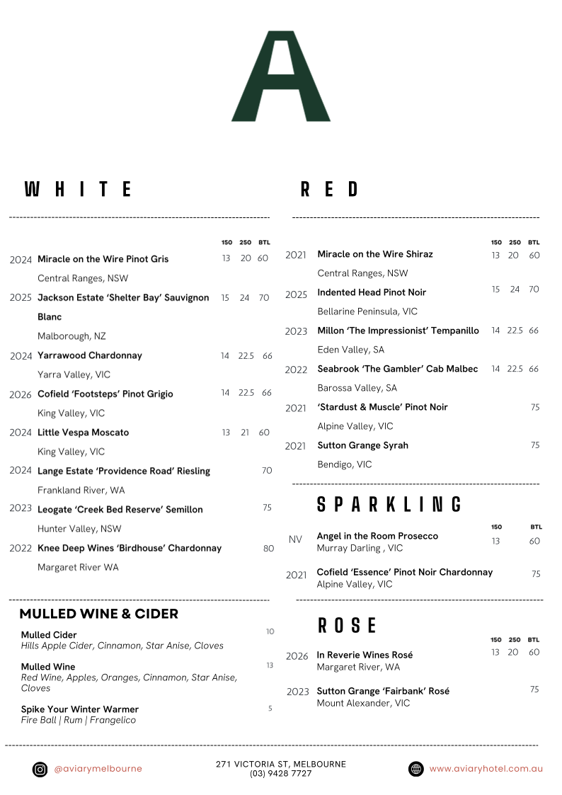 Menu, The Aviary Hotel