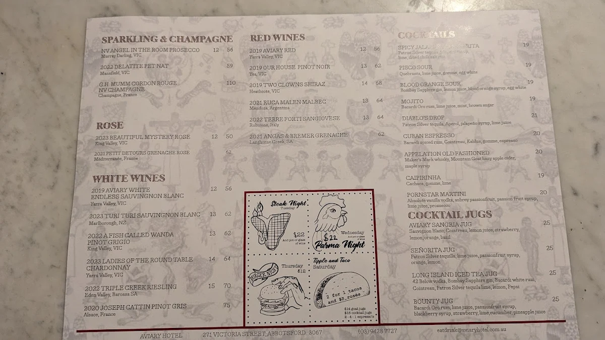 Menu, The Aviary Hotel