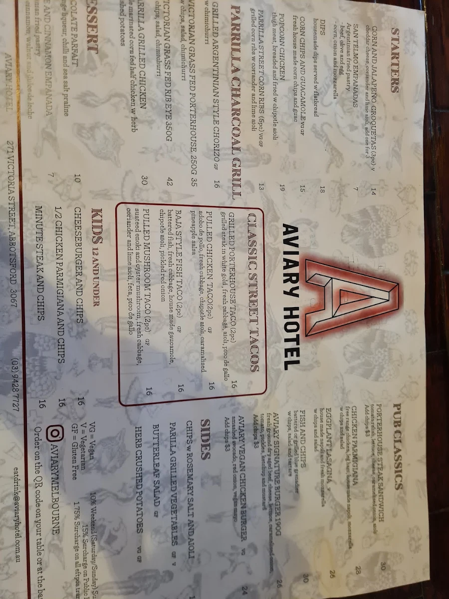 Menu, The Aviary Hotel