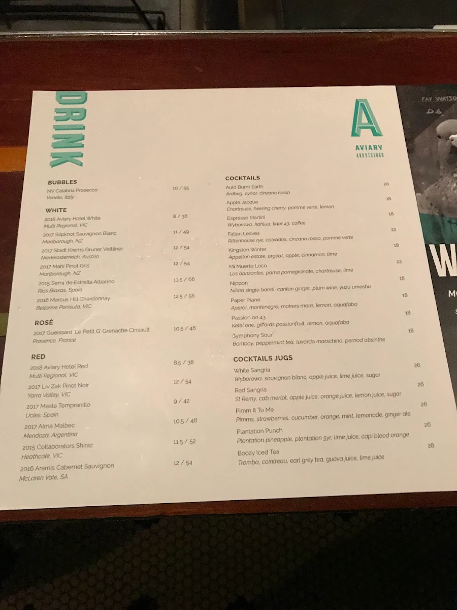 Menu, The Aviary Hotel