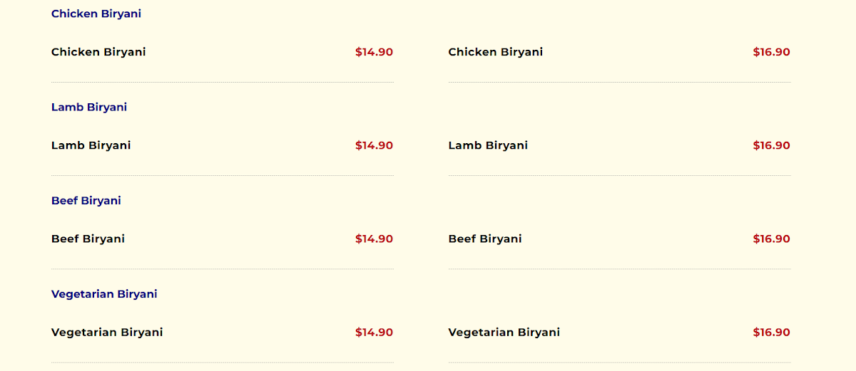 Menu, Bay of India Newcastle