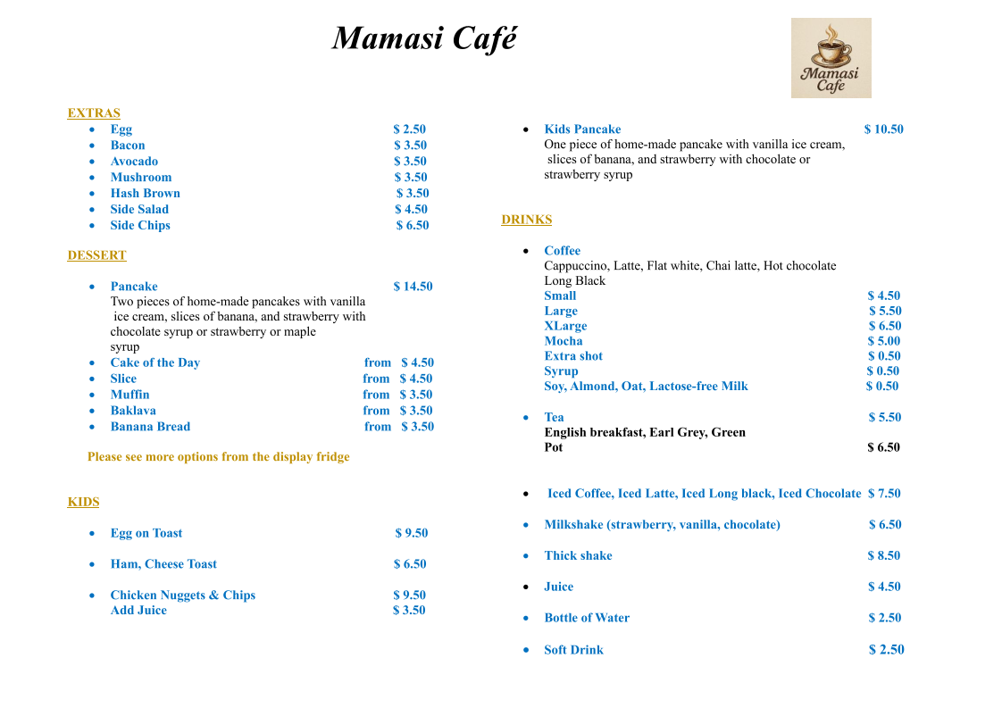 Menu, Mamasi Cafe