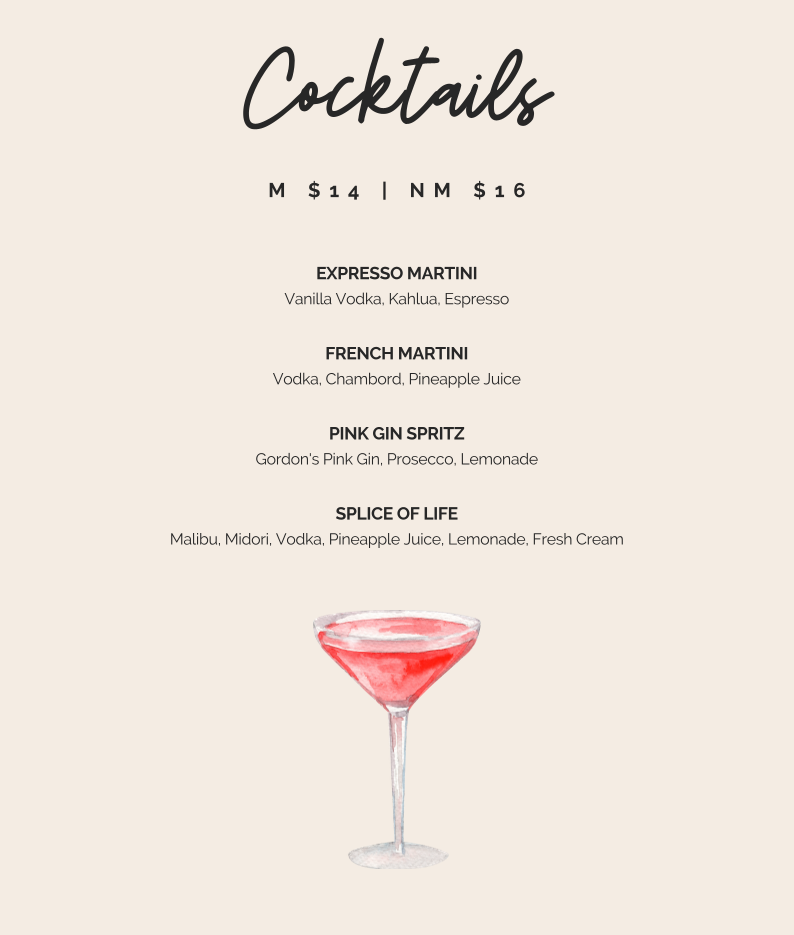 Menu, Indulge Dining