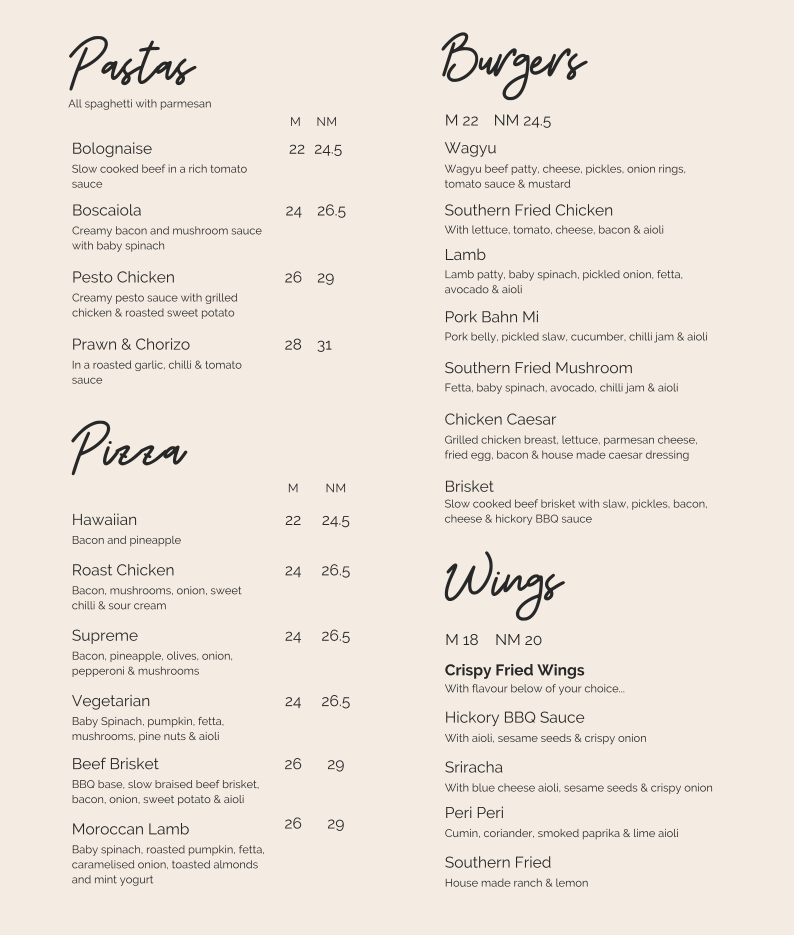 Menu, Indulge Dining