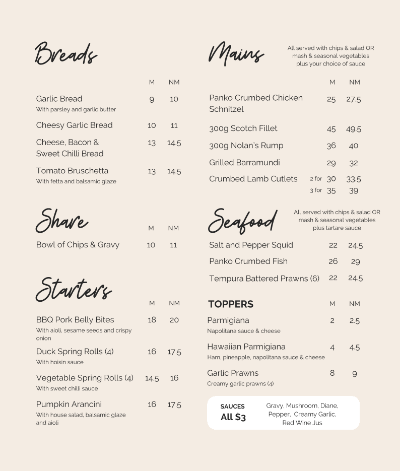 Menu, Indulge Dining