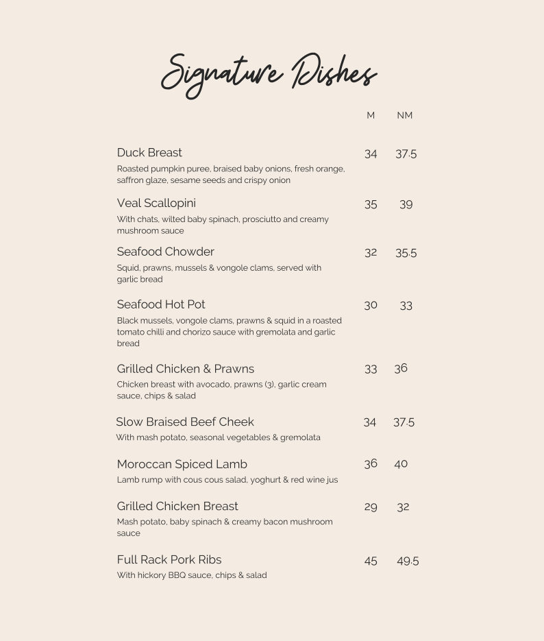 Menu, Indulge Dining