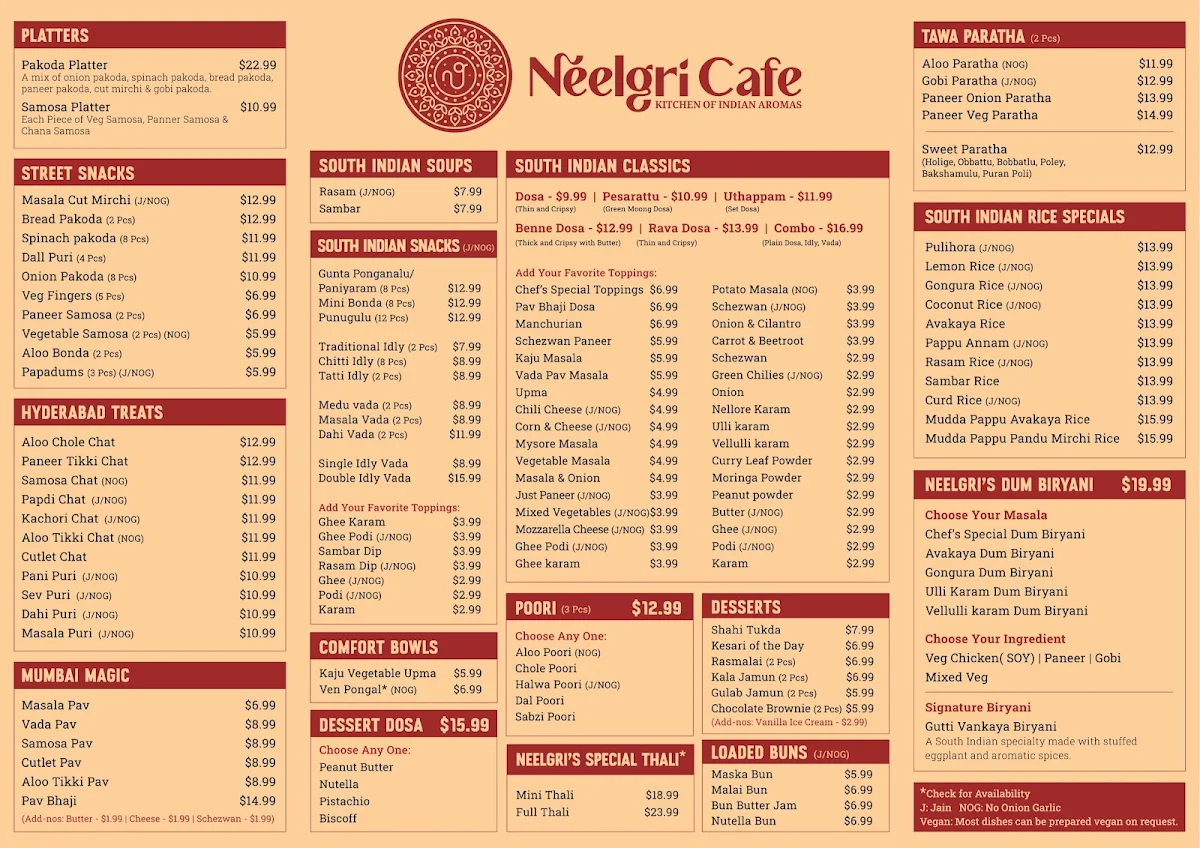 Menu, Neelgri Cafe . Vegan & Vegetarian