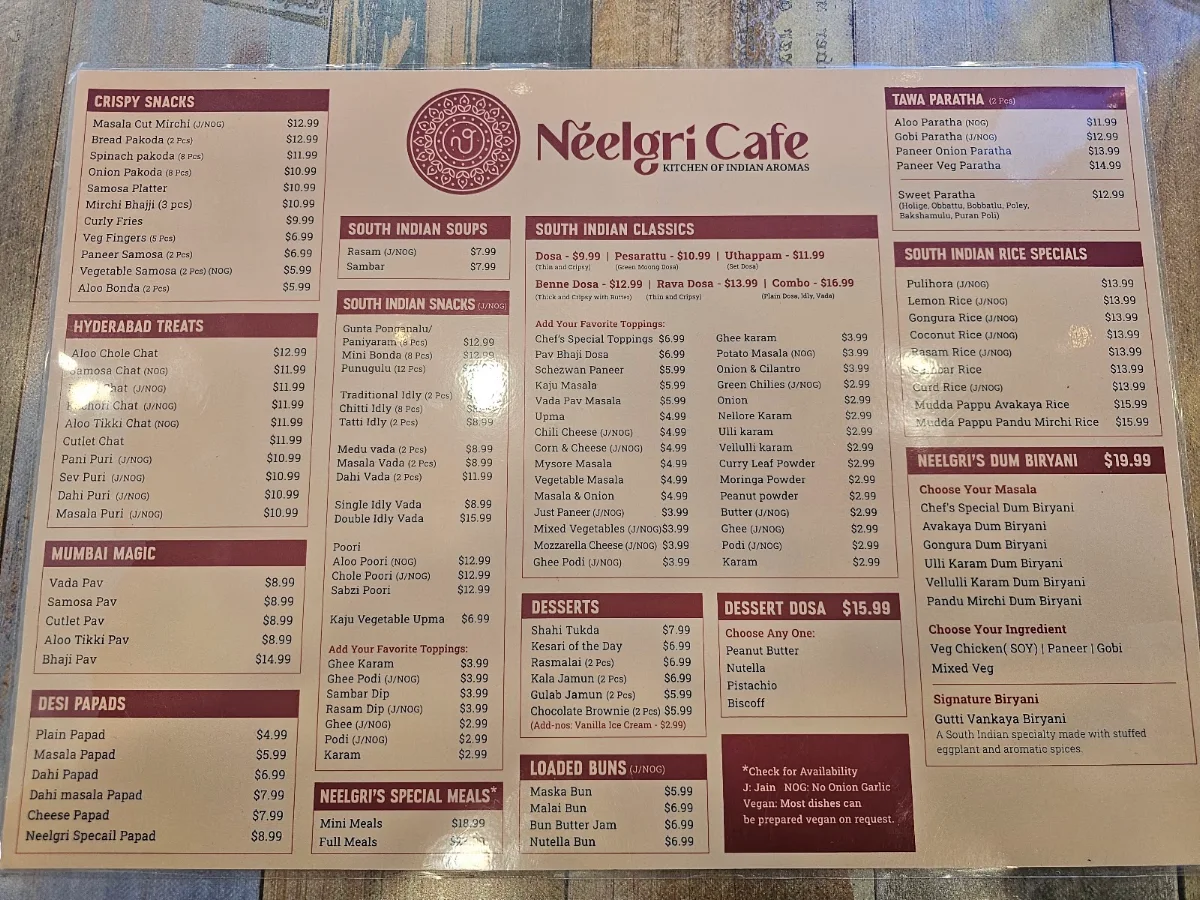 Menu, Neelgri Cafe . Vegan & Vegetarian