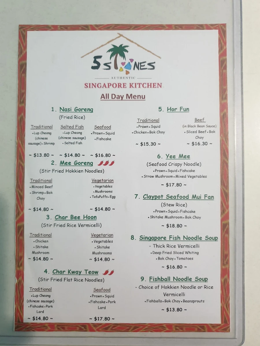 Menu, 5 Stones Authentic Singapore Kitchen