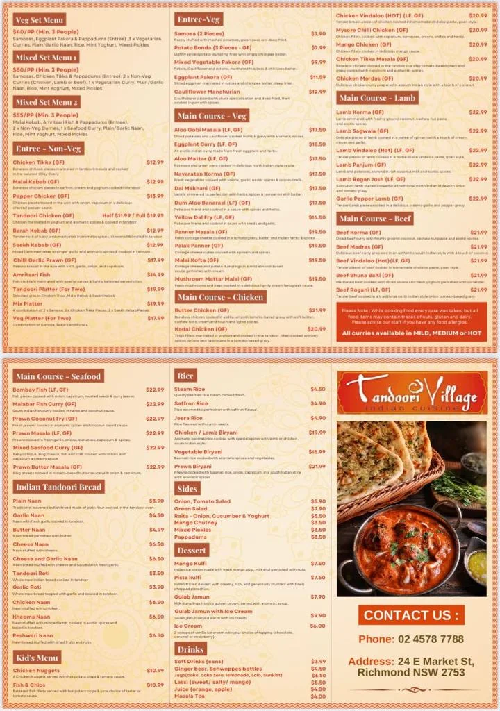 Menu, Tandoori Village
