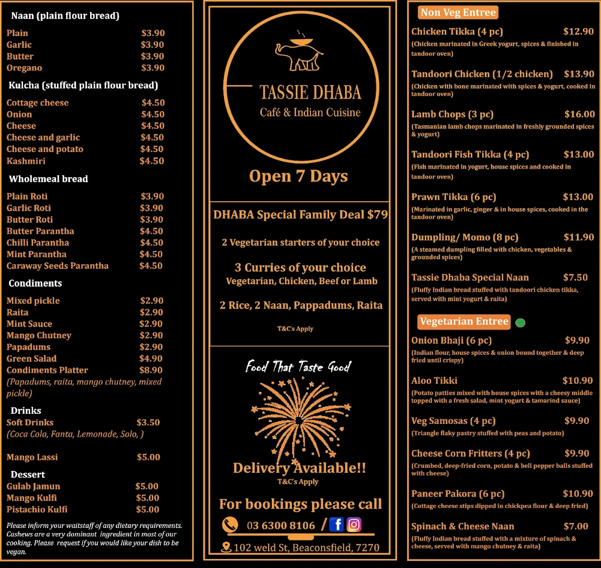 Menu, TASSIE DHABA RESTAURANT & BAR BEACONSFIELD