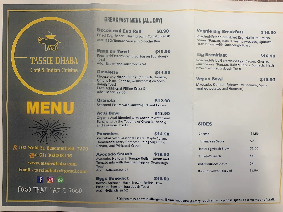 Menu, TASSIE DHABA RESTAURANT & BAR BEACONSFIELD