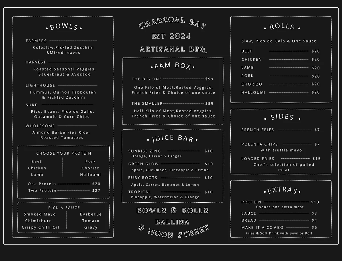 Menu, Charcoal Bay Artisan BBQ