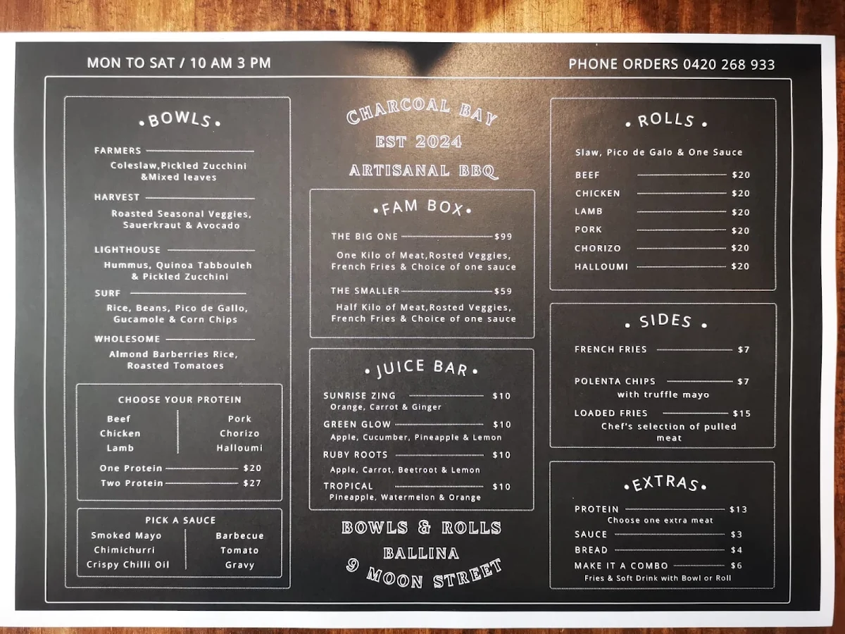 Menu, Charcoal Bay Artisan BBQ