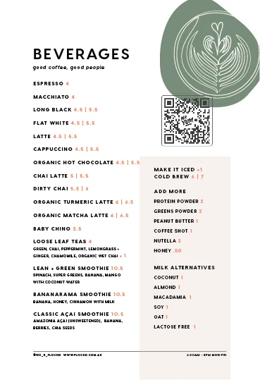 Menu, Flockd Espresso Bar