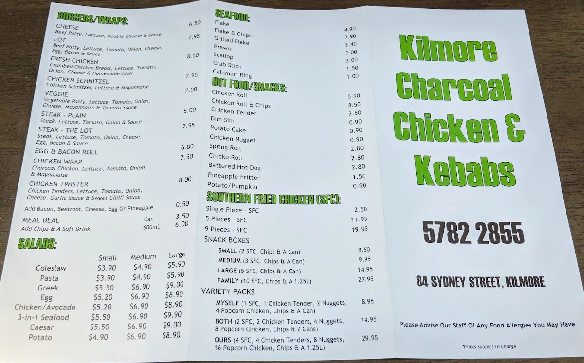 Menu, Kilmore Kebabs and chicken