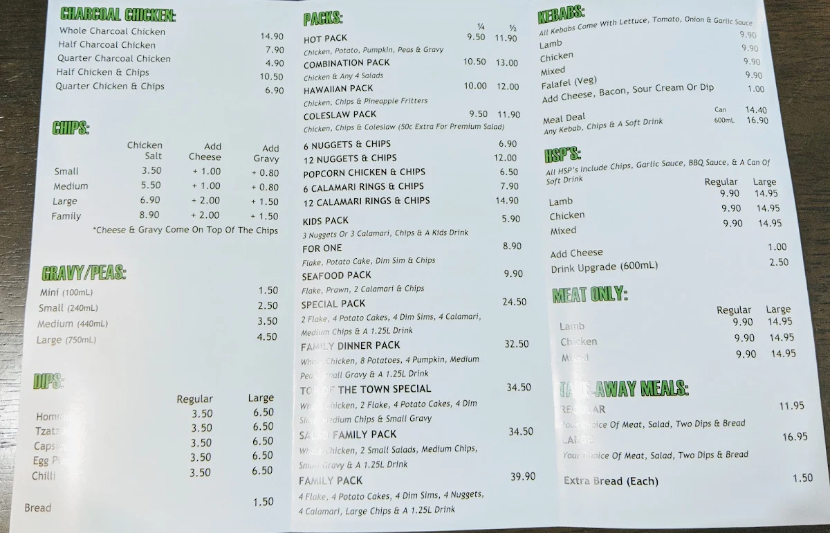 Menu, Kilmore Kebabs and chicken