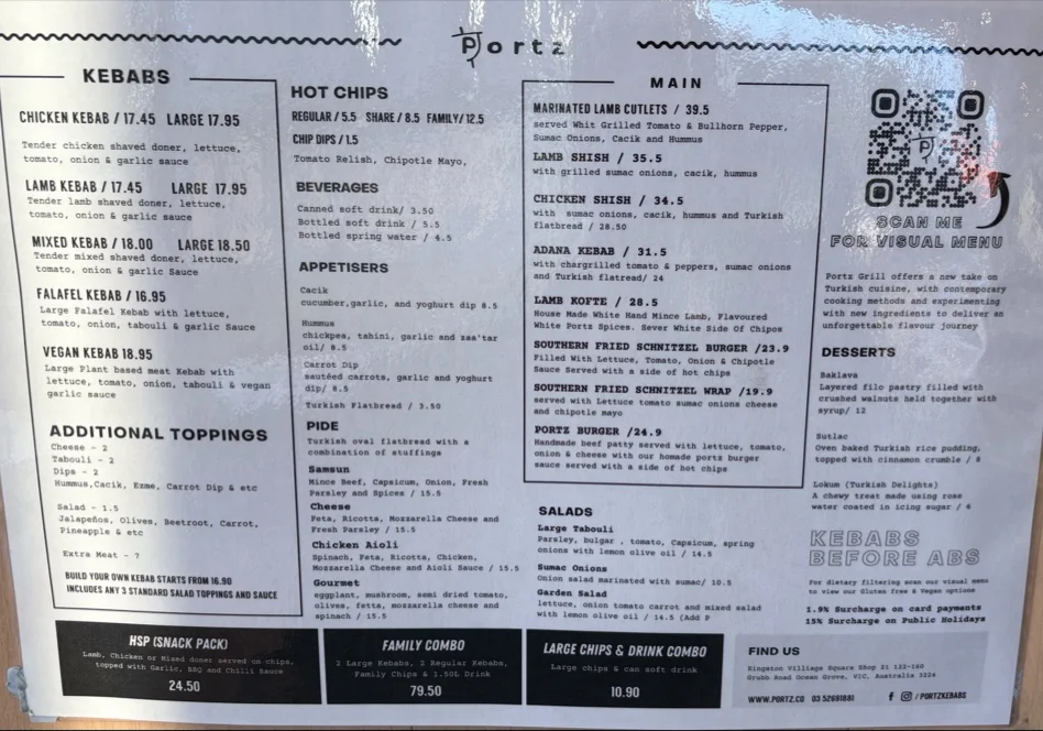 Menu, Portz Kebab & Grill