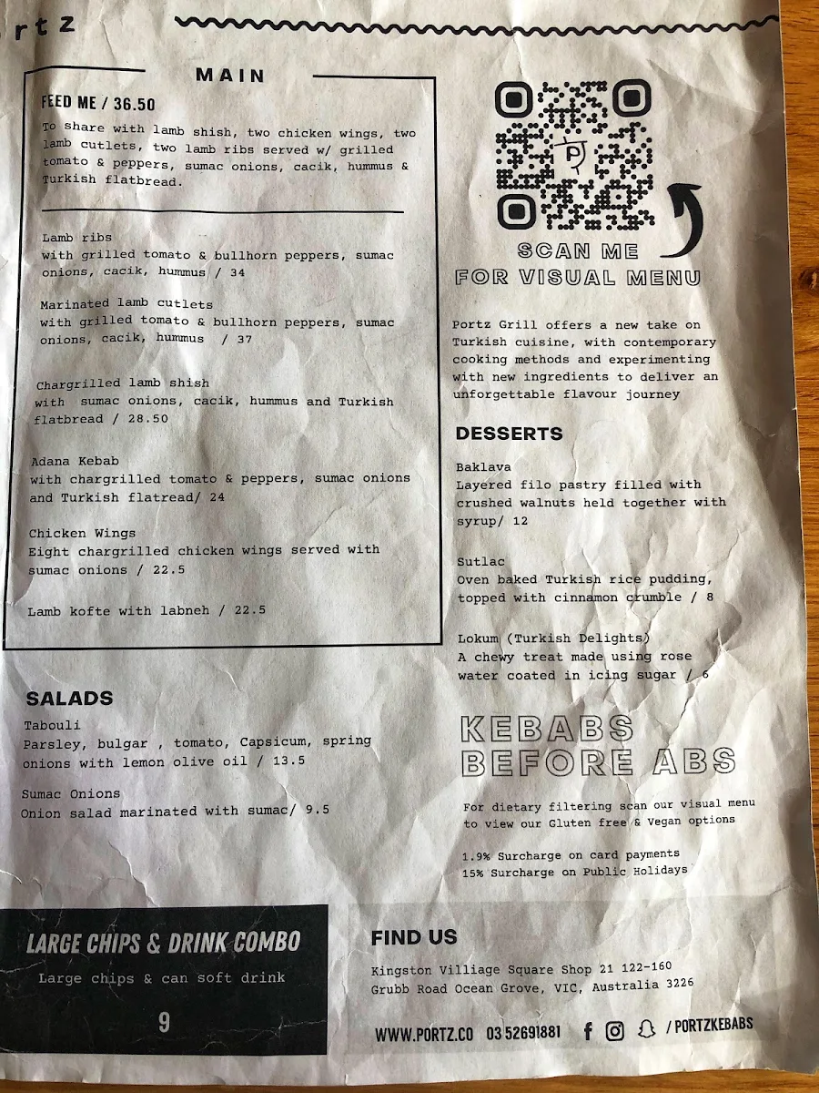 Menu, Portz Kebab & Grill