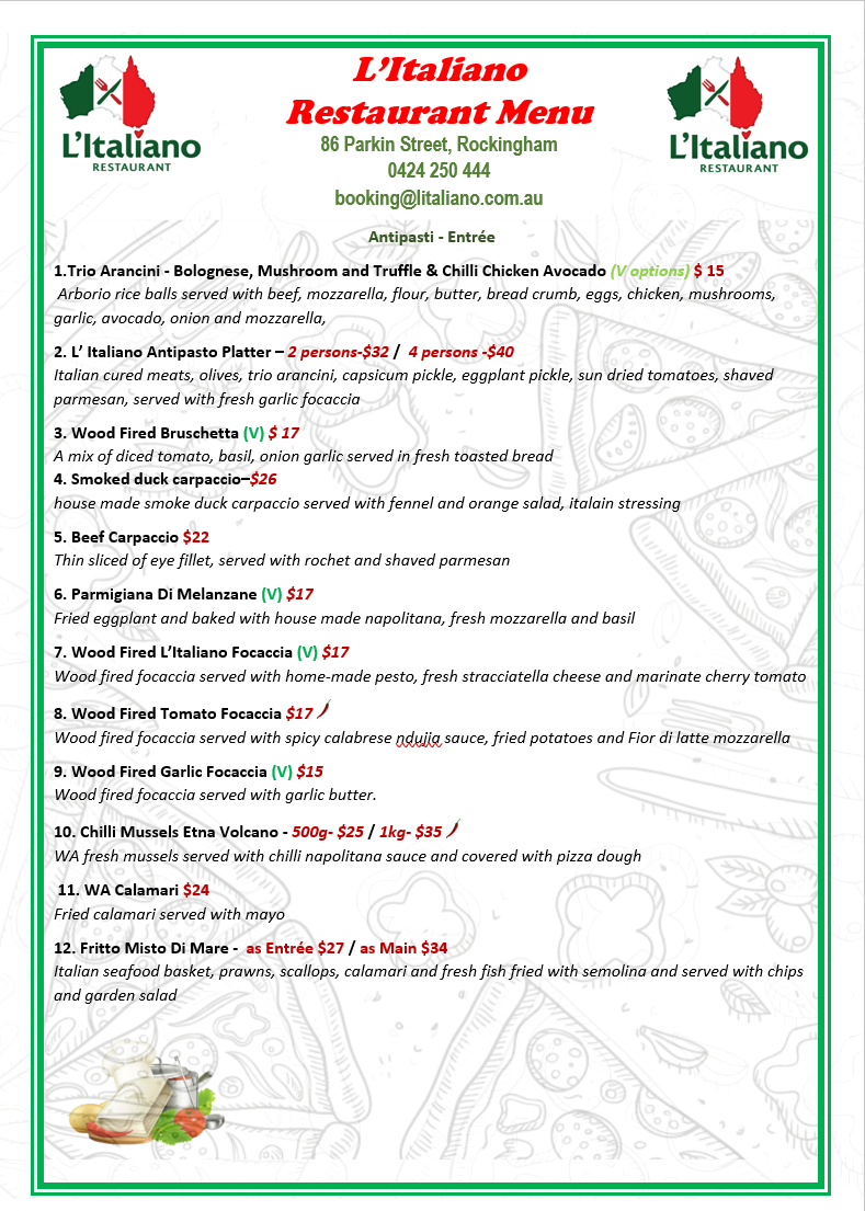 Menu, L'Italiano Restaurant Rockingham