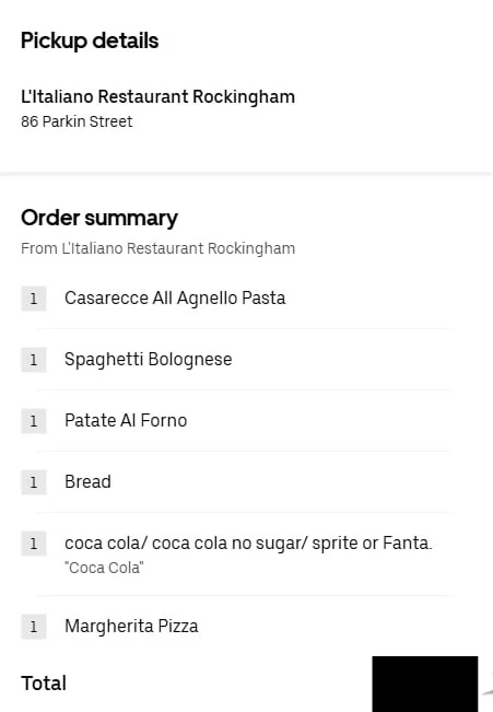 Menu, L'Italiano Restaurant Rockingham