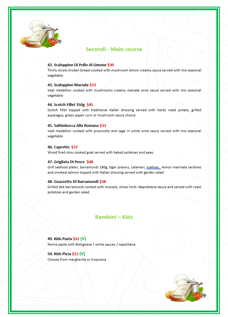 Menu, L'Italiano Restaurant Rockingham