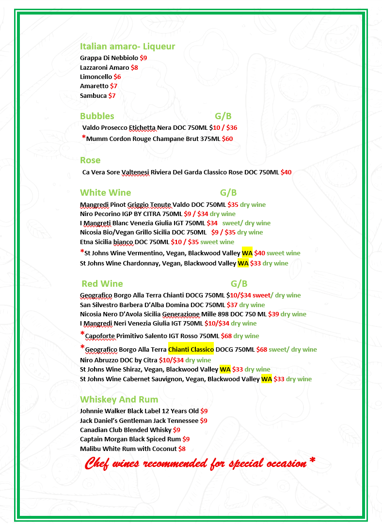 Menu, L'Italiano Restaurant Rockingham