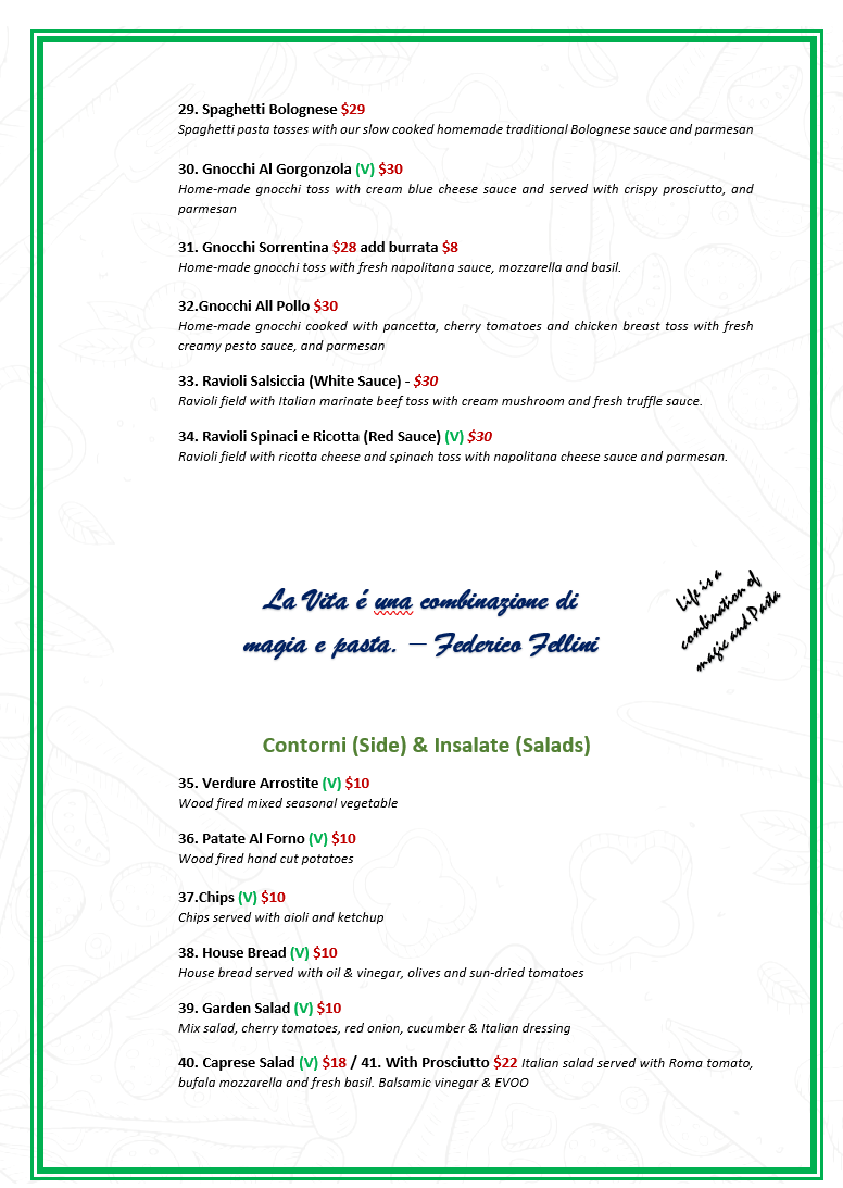 Menu, L'Italiano Restaurant Rockingham
