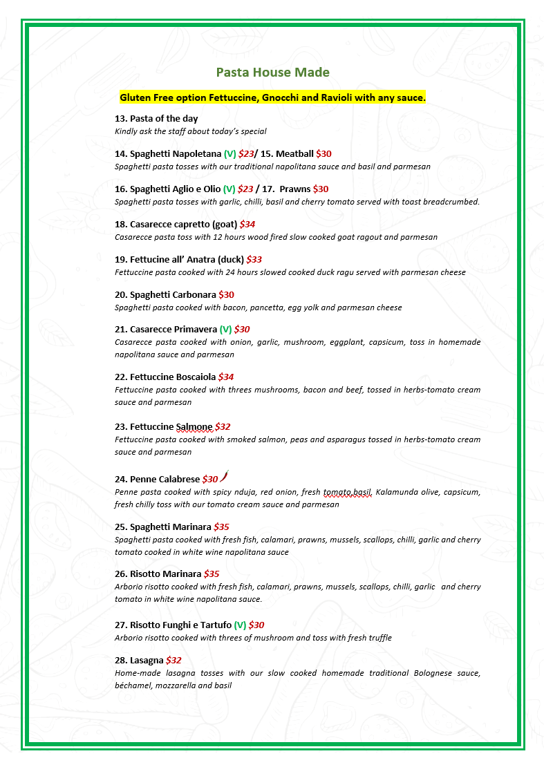 Menu, L'Italiano Restaurant Rockingham