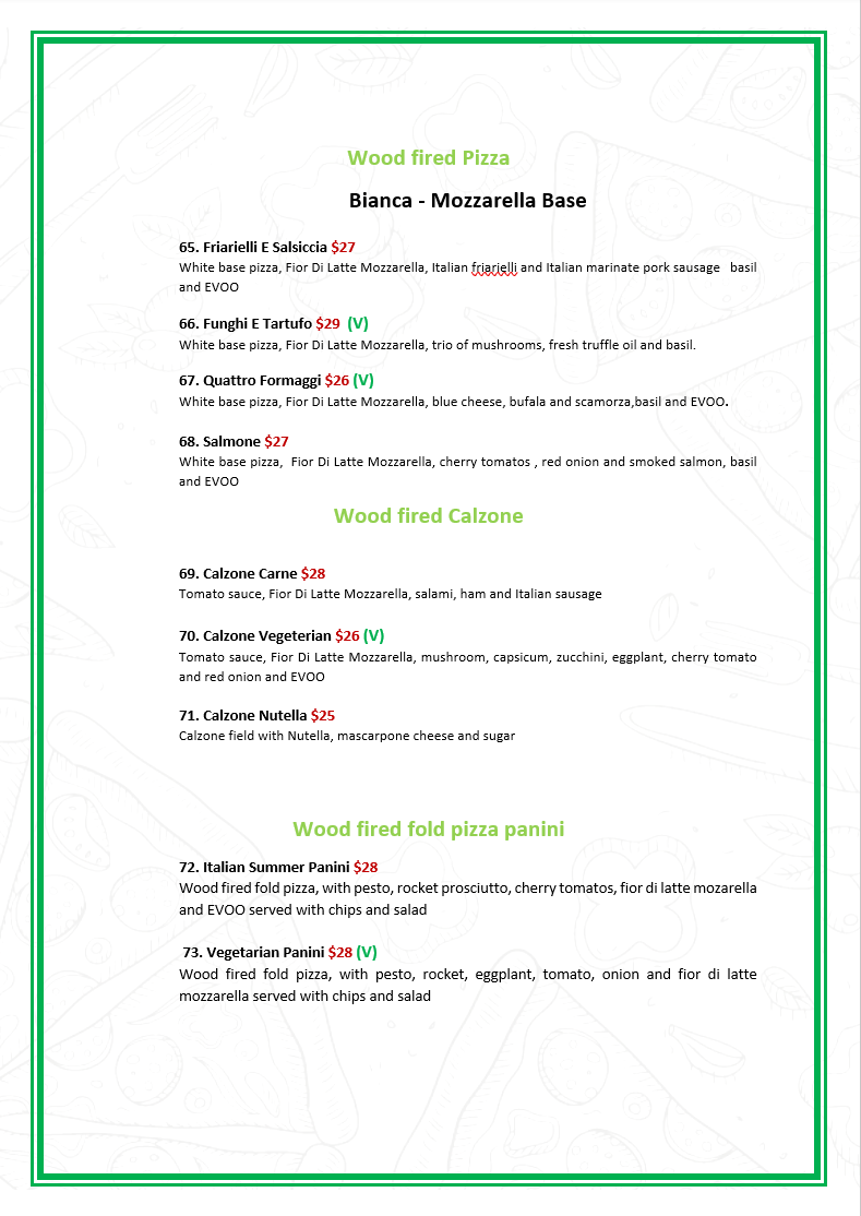 Menu, L'Italiano Restaurant Rockingham