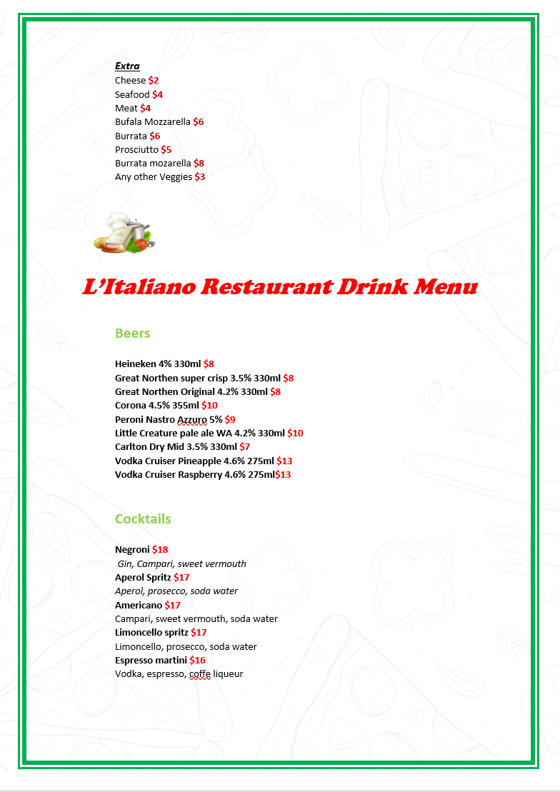 Menu, L'Italiano Restaurant Rockingham