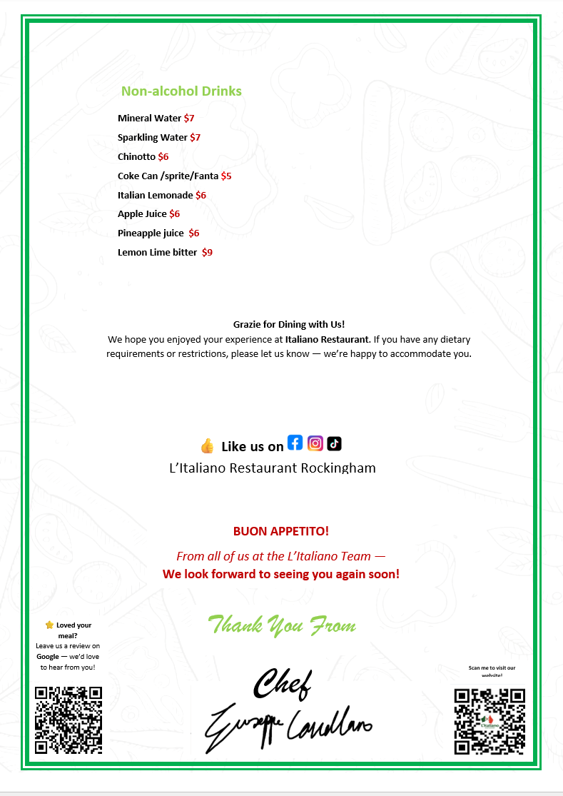 Menu, L'Italiano Restaurant Rockingham