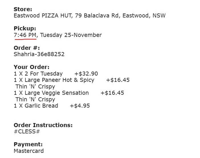 Menu, Pizza Hut Eastwood
