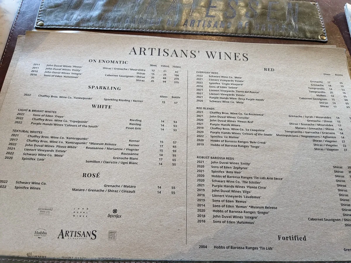 Menu, Artisans of Barossa