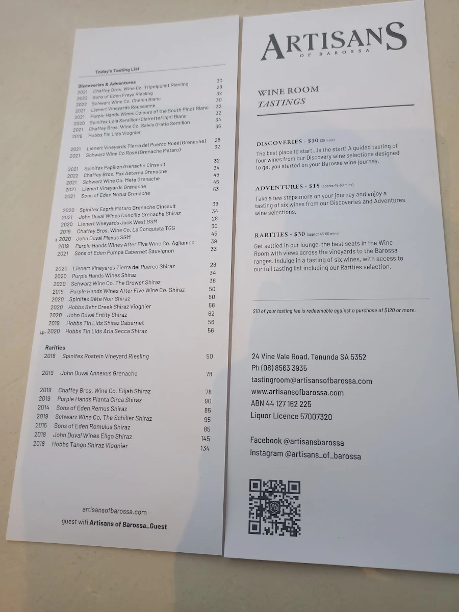 Menu, Artisans of Barossa