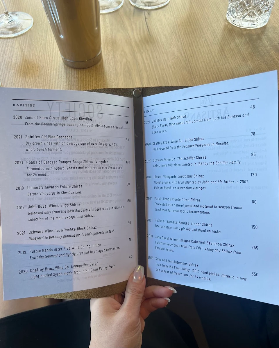 Menu, Artisans of Barossa