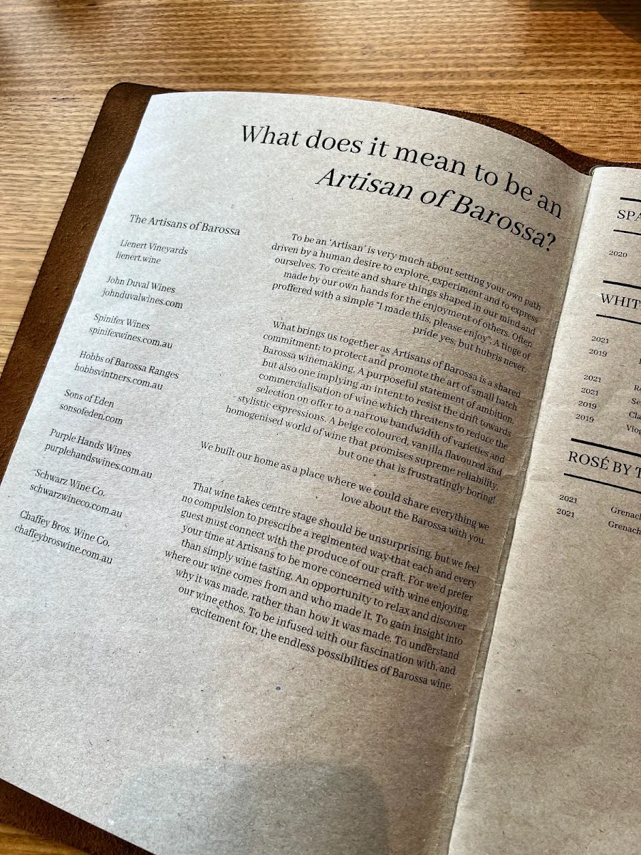Menu, Artisans of Barossa