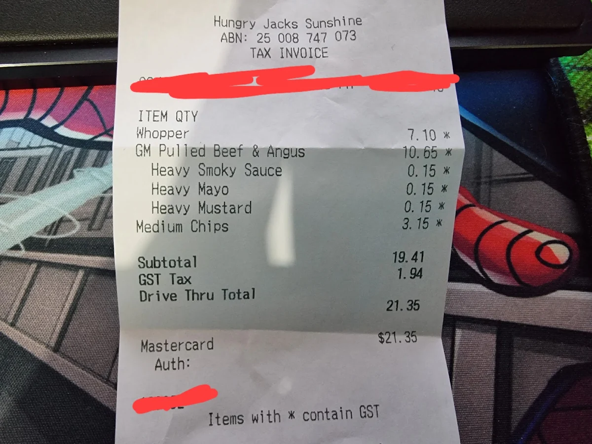 Menu, Hungry Jack's Burgers Sunshine
