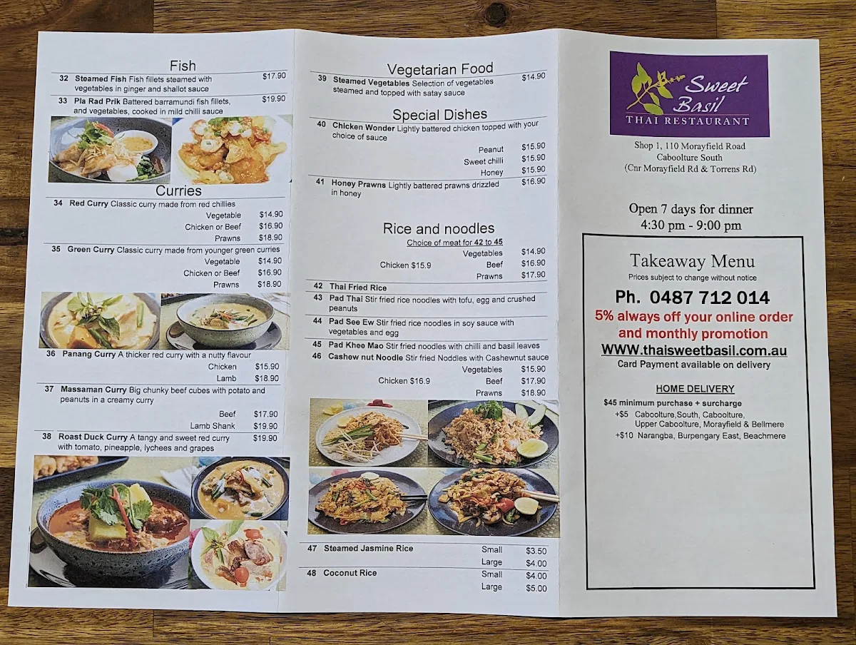Menu, Sweet Basil Thai Restaurant Caboolture South