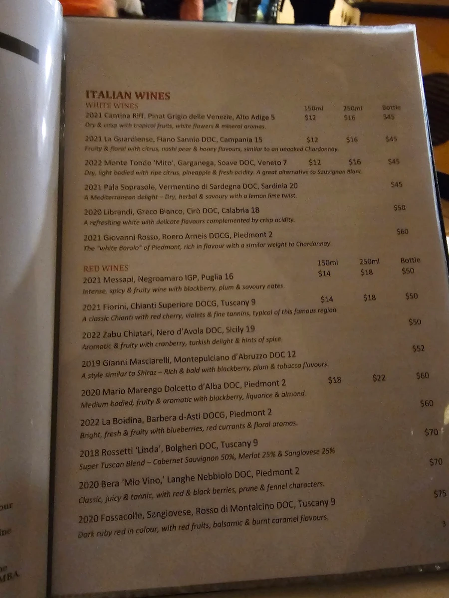 Menu, La Trattoria Restaurant & Pizza Bar