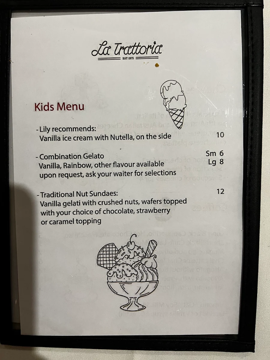 Menu, La Trattoria Restaurant & Pizza Bar