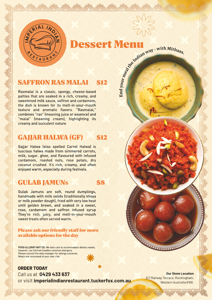Menu, Imperial Indian Restaurant (Rockingham Beach Foreshore)