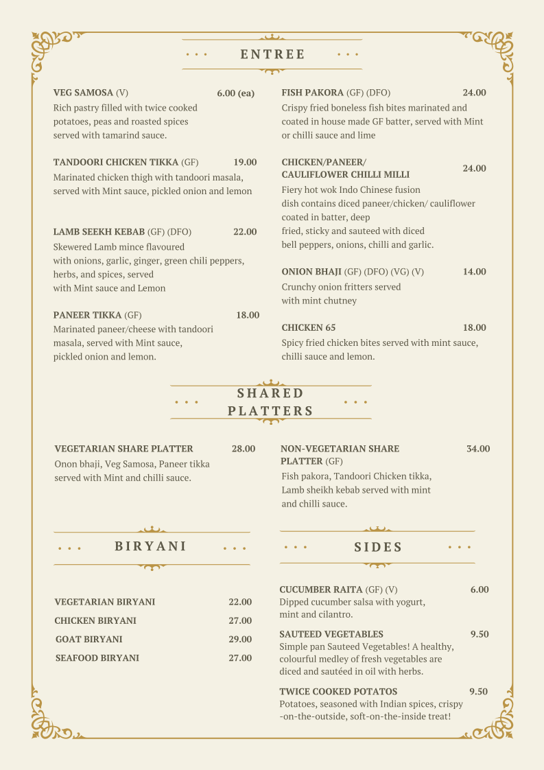 Menu, Imperial Indian Restaurant (Rockingham Beach Foreshore)