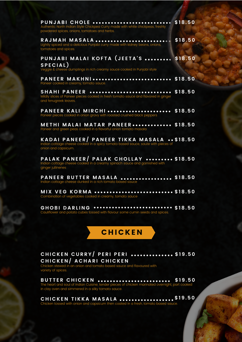 Menu, Jeeta Indian Restaurant & Catering
